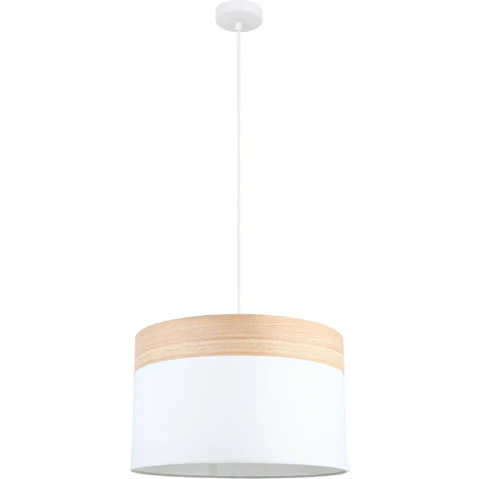 Tambura Scandinavian Large Drum Cloth with Wood Veneer Trim Pendant Light - White