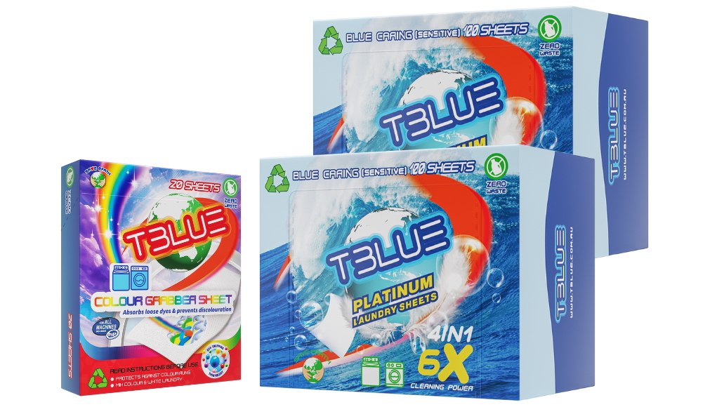 TBLUE Blue Caring 100 Loads Laundry Sheets Twin Pack + Colour Grabber Bundle