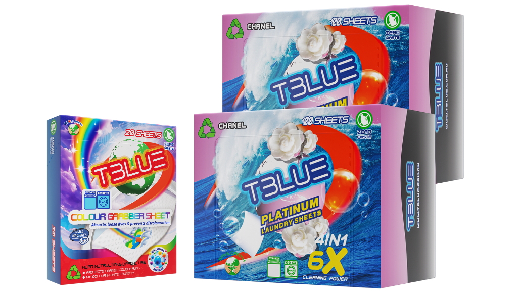 TBLUE Chanel 100 Loads Laundry Sheets Twin Pack + Colour Grabber Bundle