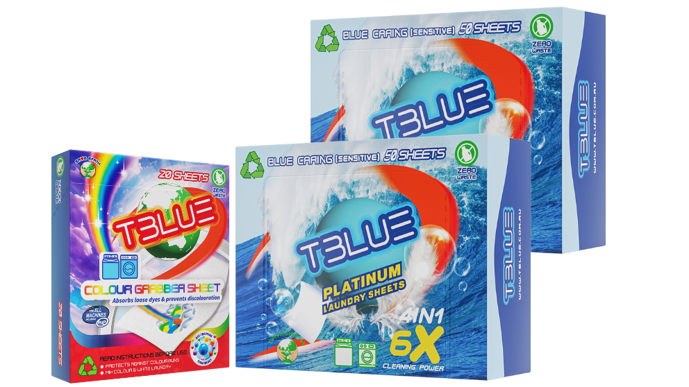 TBLUE Blue Caring 50 Loads Laundry Sheets Twin Pack + Colour Grabber Bundle