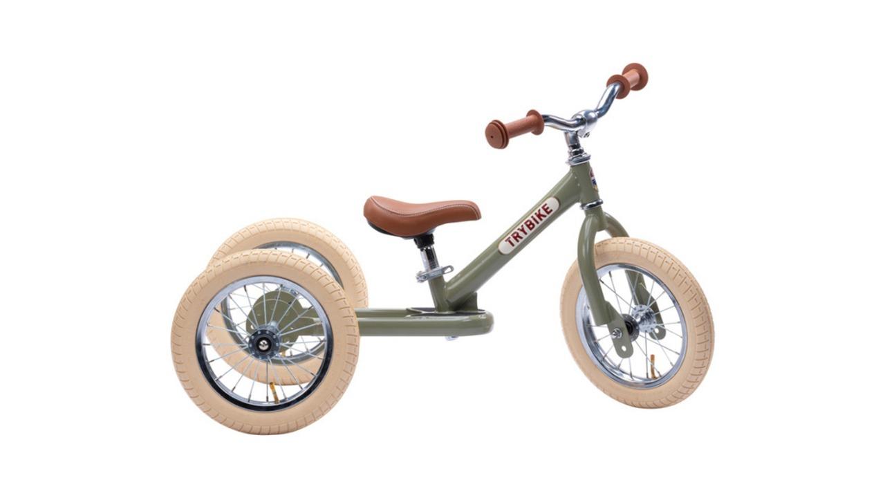 Trybike 18month+ Vintage 3-Wheel Kids Ride-On Balance Bike with Cream Tyres - Green