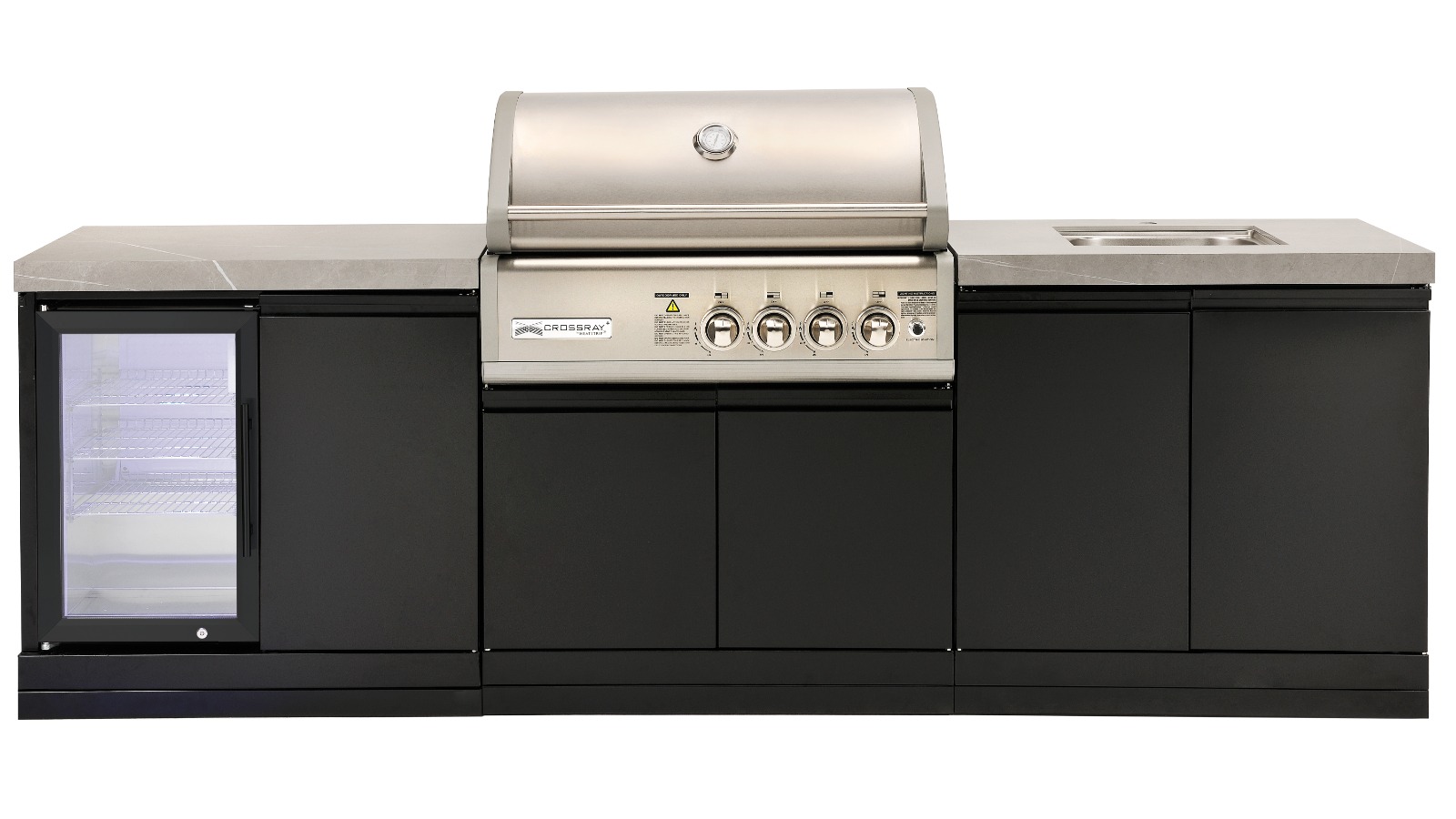Crossray X-Origin Classic Outdoor Kitchen with Grey Benchtops, Sink and Single Fridge