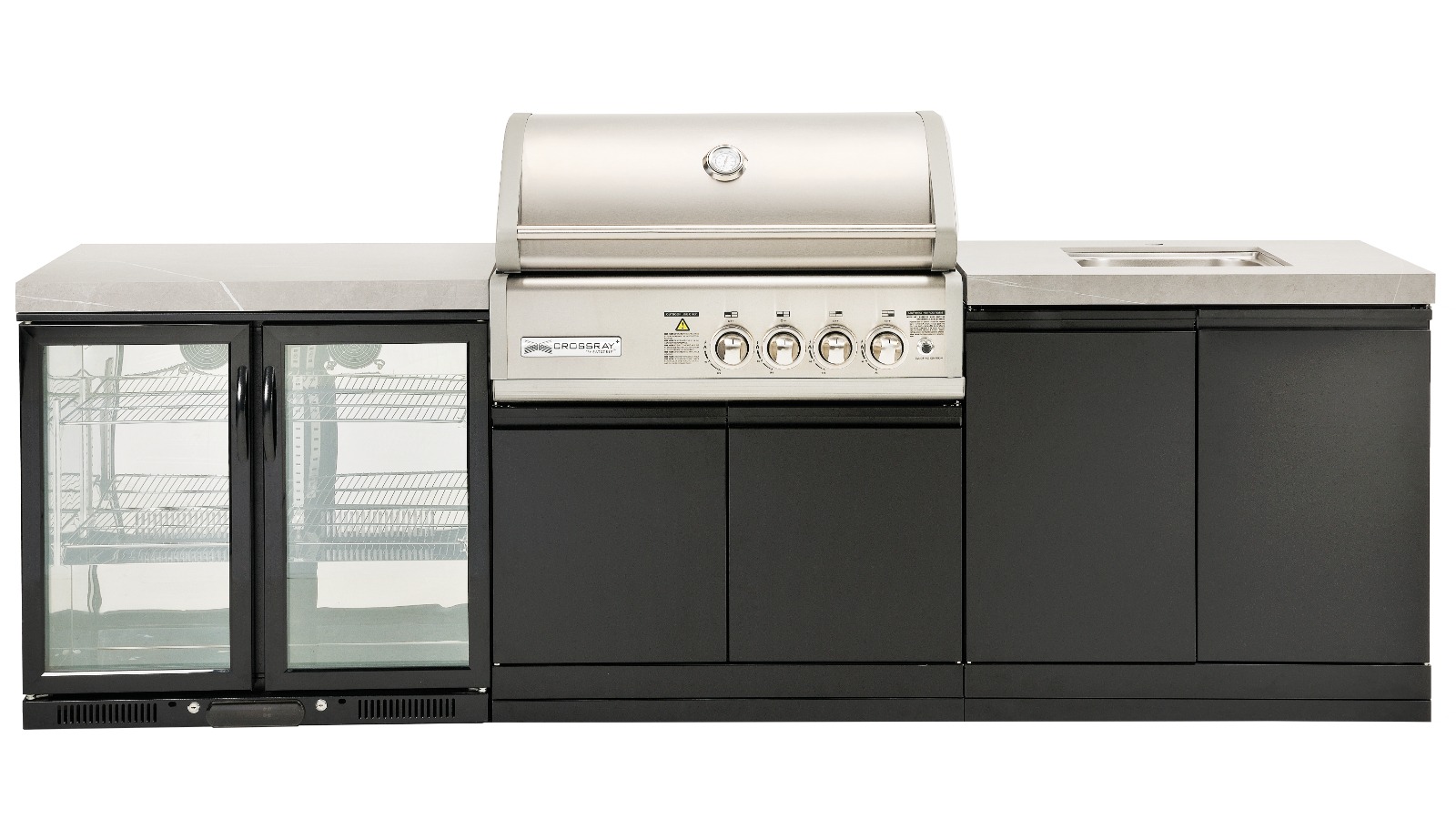 Crossray X-Origin Classic Outdoor Kitchen with Grey Benchtops, Sink and Double Fridge