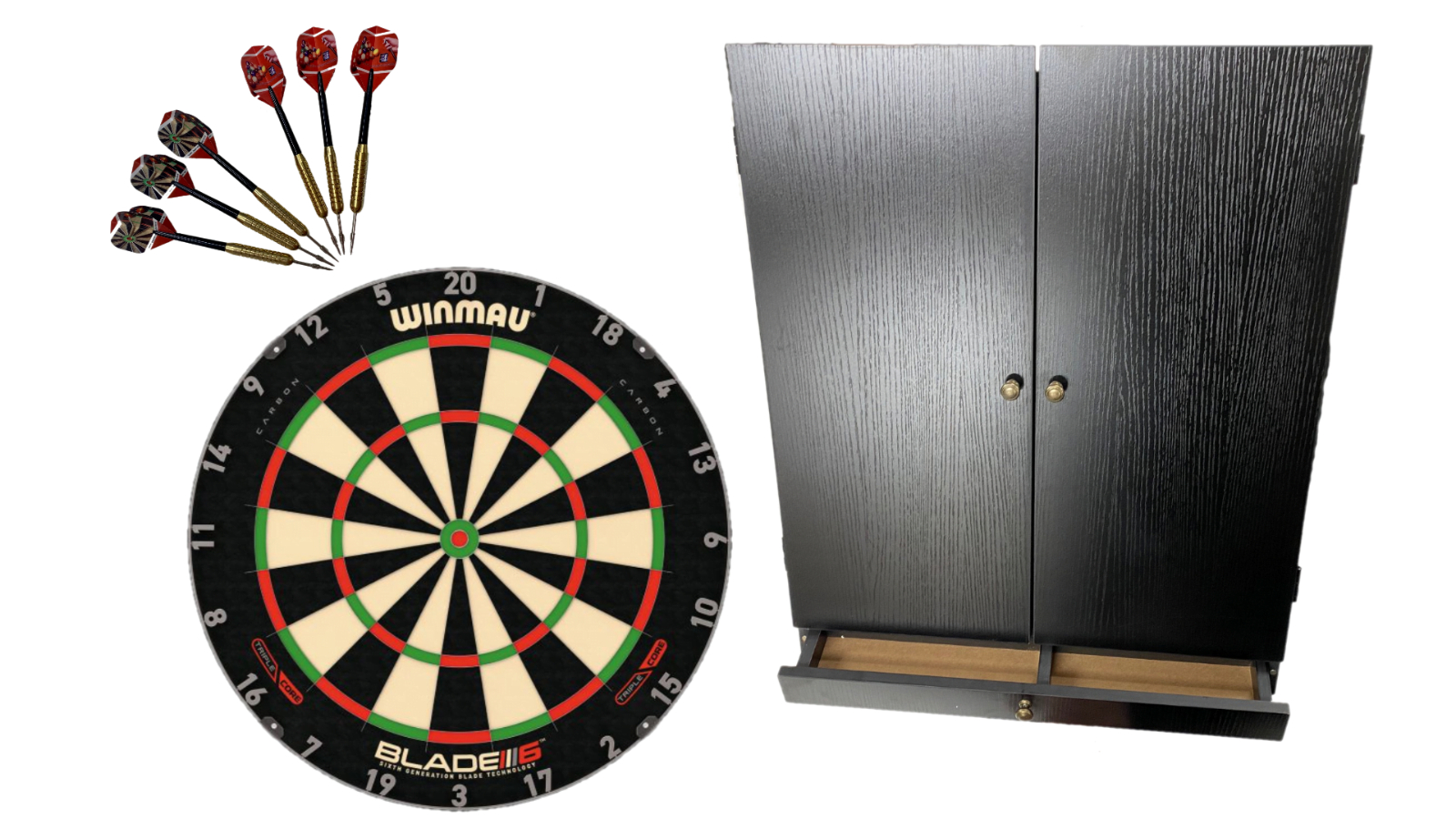 Winmau  6 Triple Core Blade and Tex Dart Black Cabinet with Storage Drawer