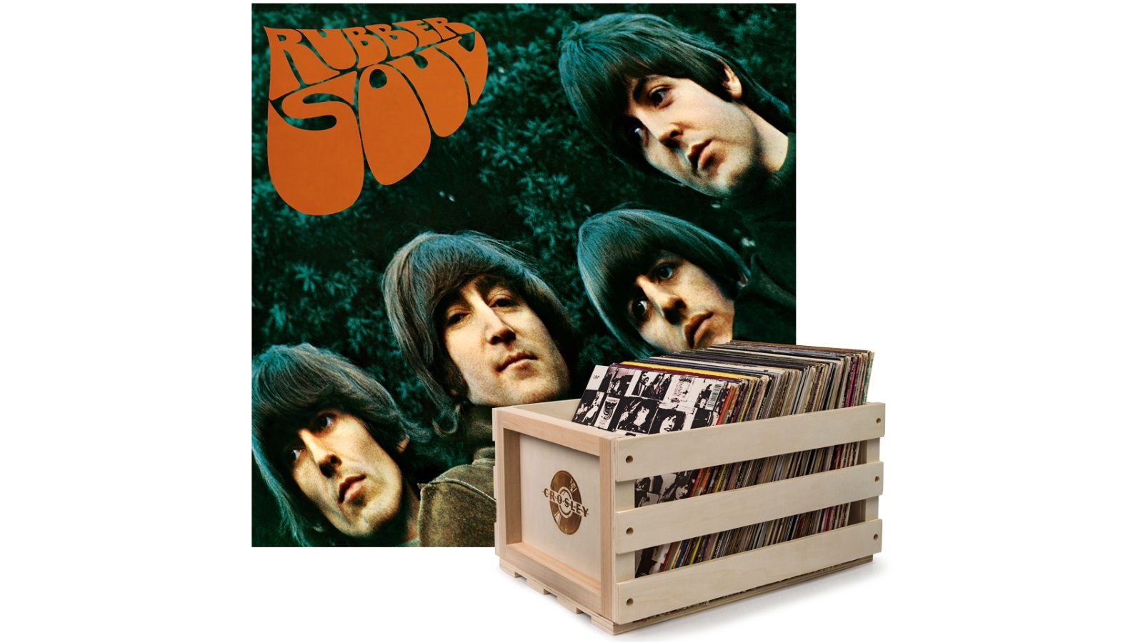 Crosley Record Storage Crate and The Beatles Rubber Soul - Vinyl Album Bundle