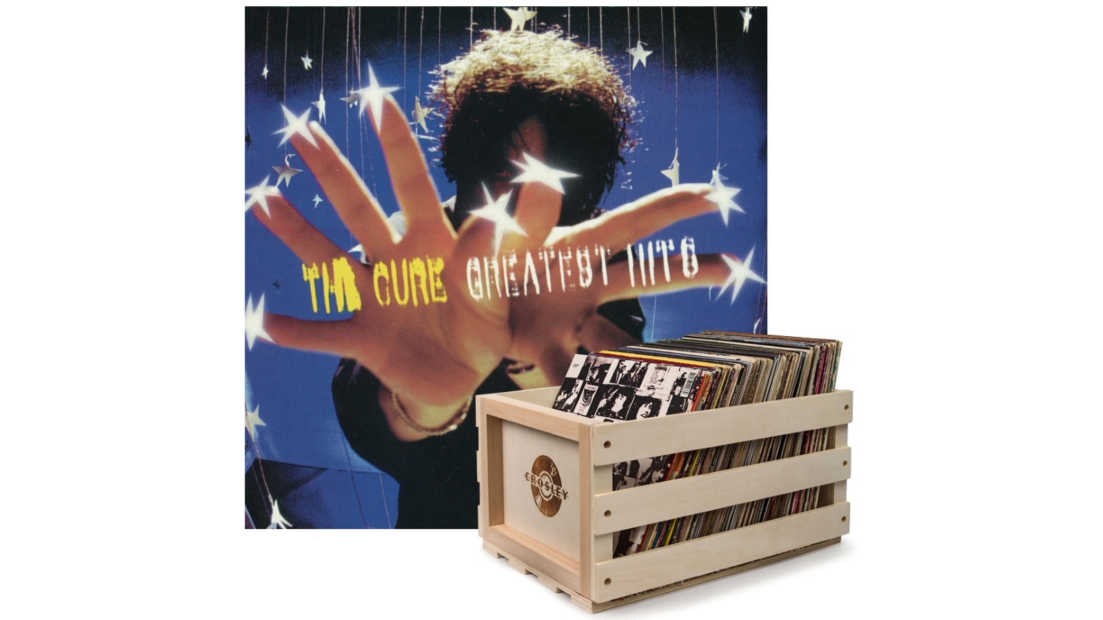 Crosley Record Storage Crate and The Cure Greatest Hits - Double Vinyl Album Bundle