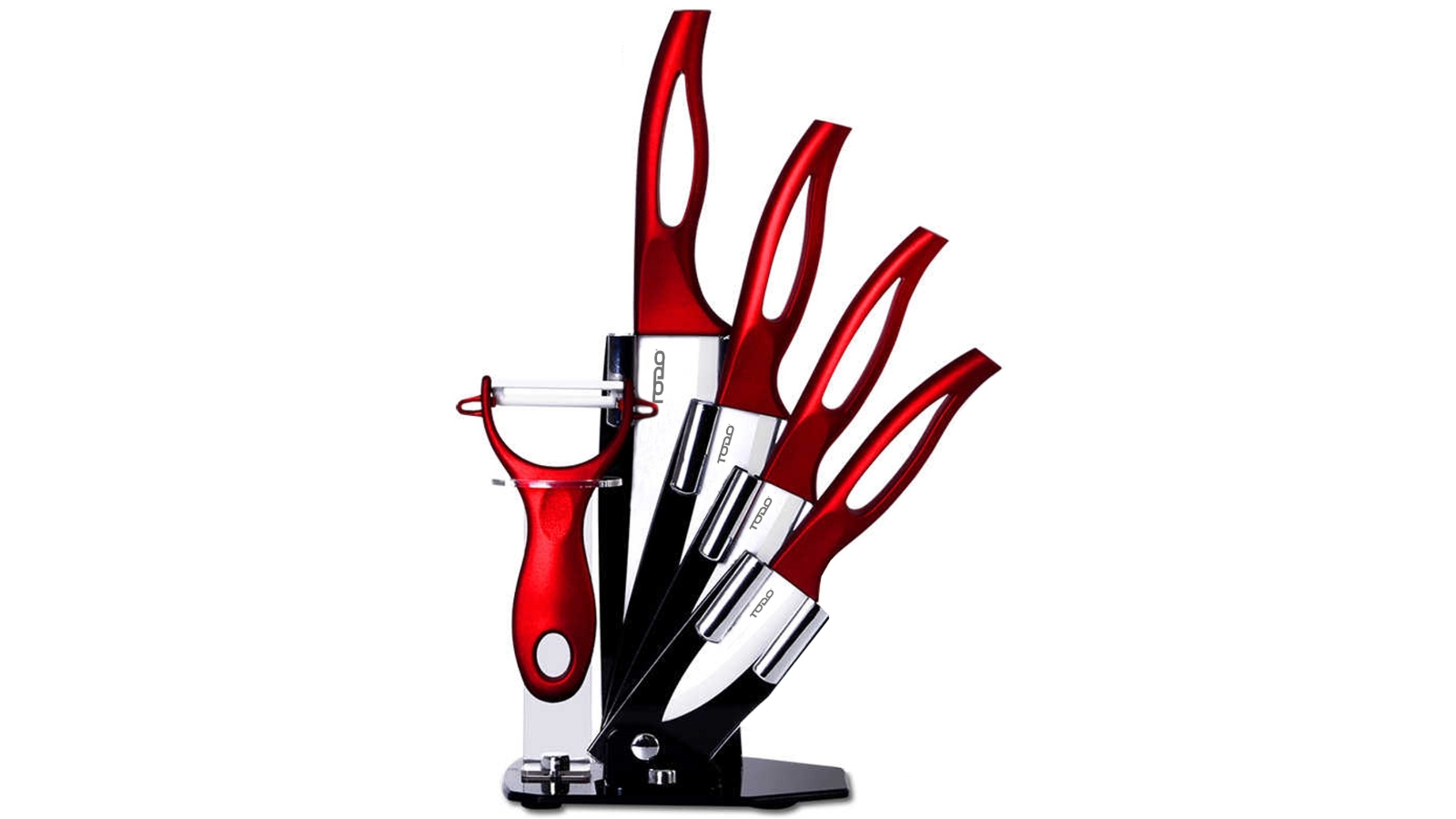 TODO 5 Piece Ceramic Knife + Peeler Set with Knives Stand - Red