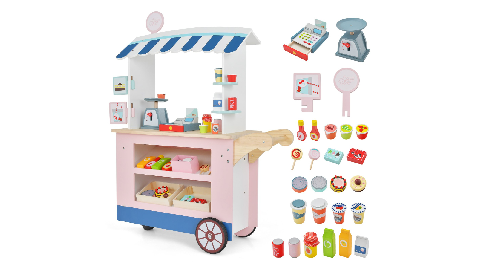 Costway Wooden Pretend Food Cart Dessert Trolley with POS and Scale