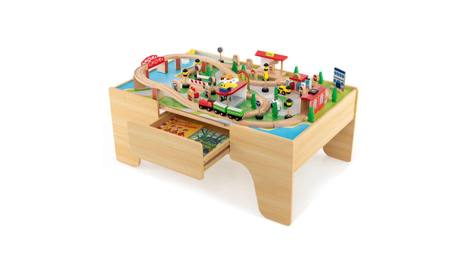 Costway 84 Piece Natural Wood Table Model Train Kids Set