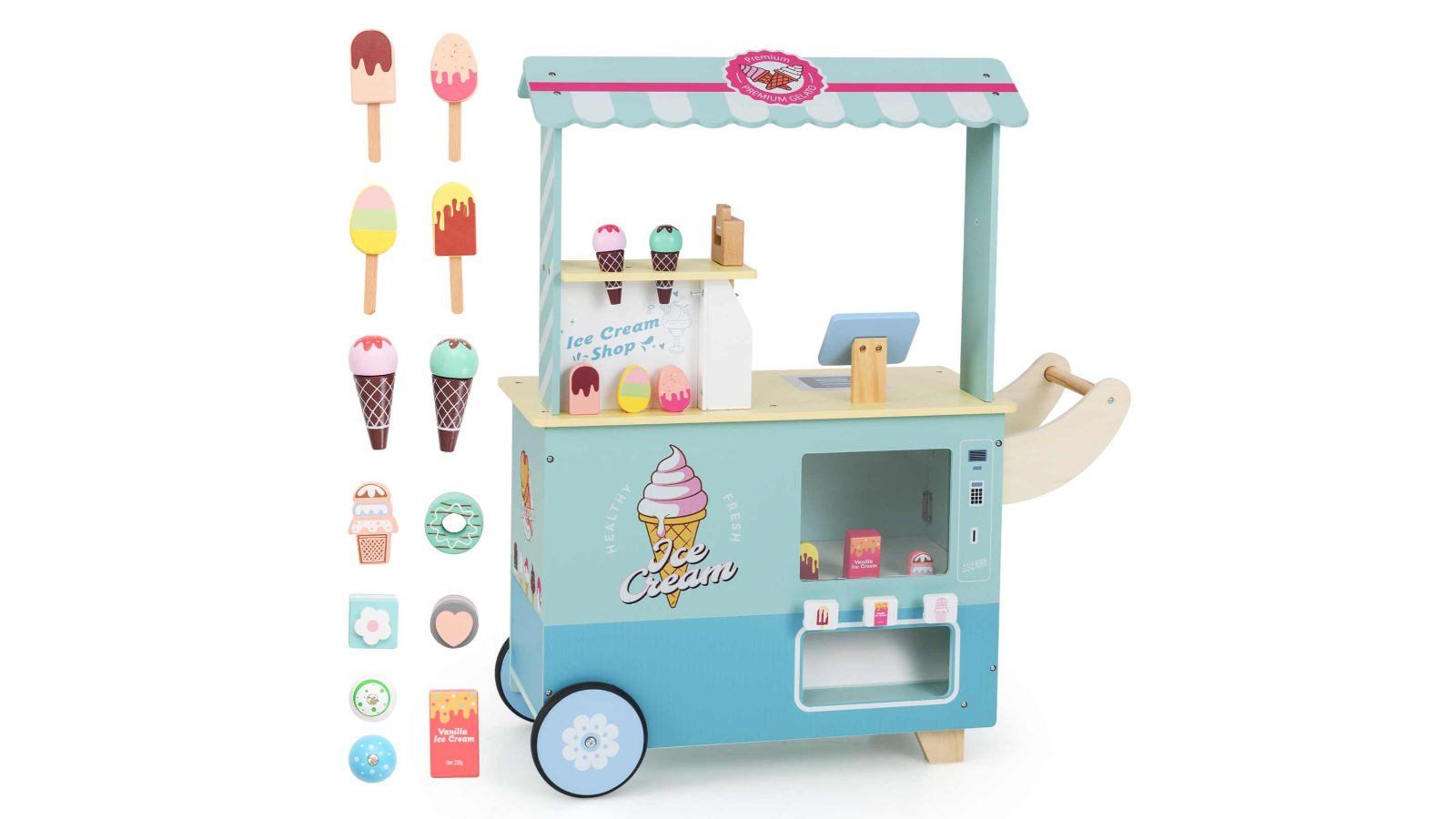 Costway Green Kids Pretend Play Shop Food Truck Toy with Storage Shelves Wheel