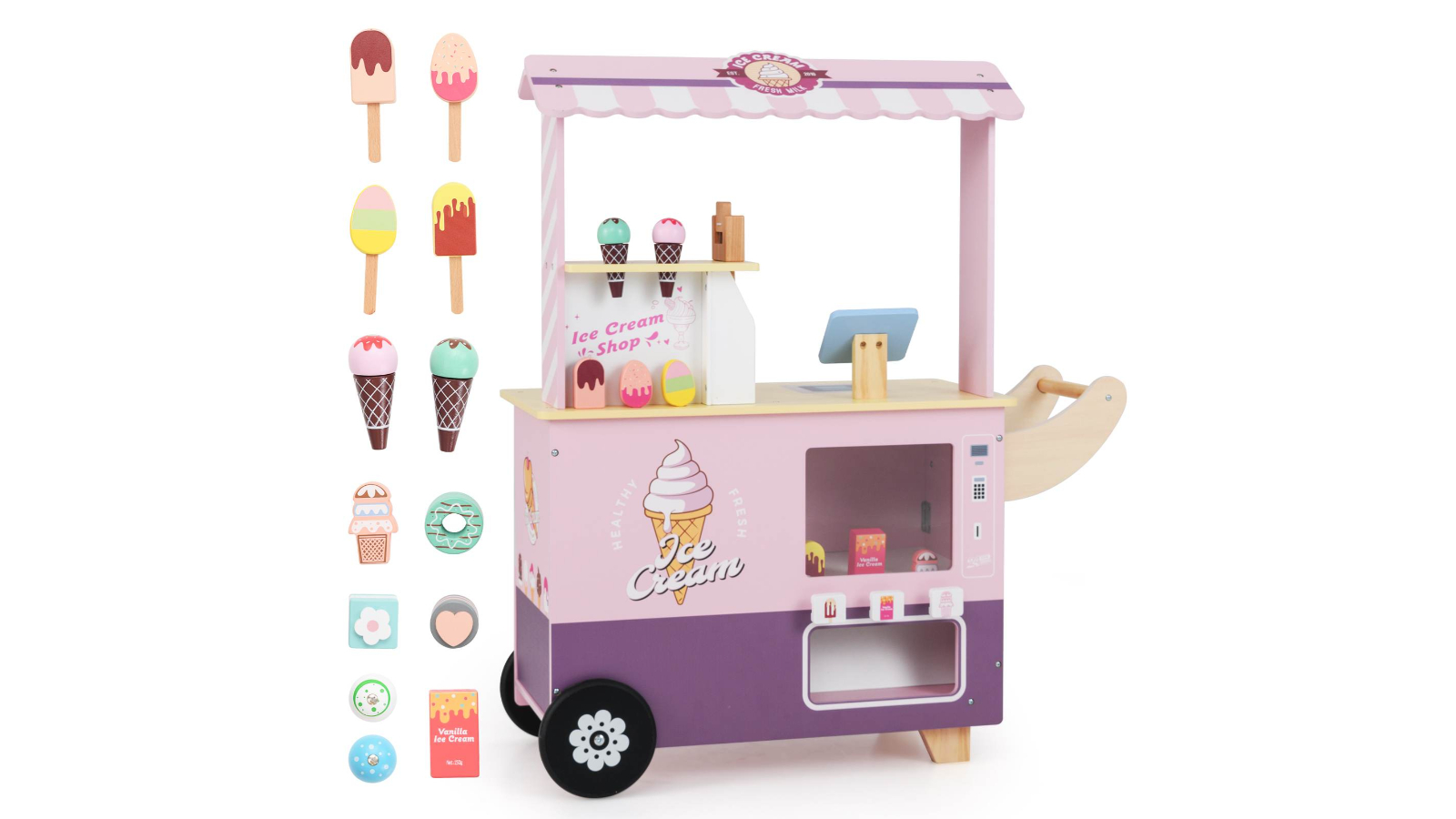 Costway Ice Cream Cart Pretend Play Shop with Storage and Wheel - Pink