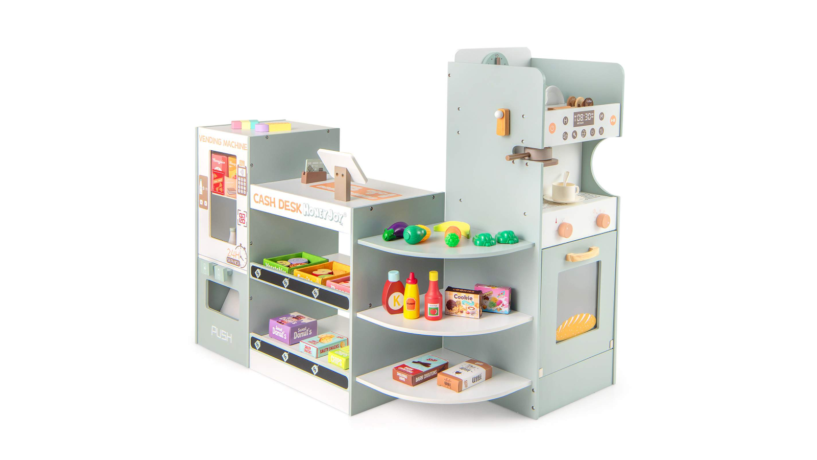 Costway Grey Wooden Play Store Market with Display Shelves and Play Food Accessories