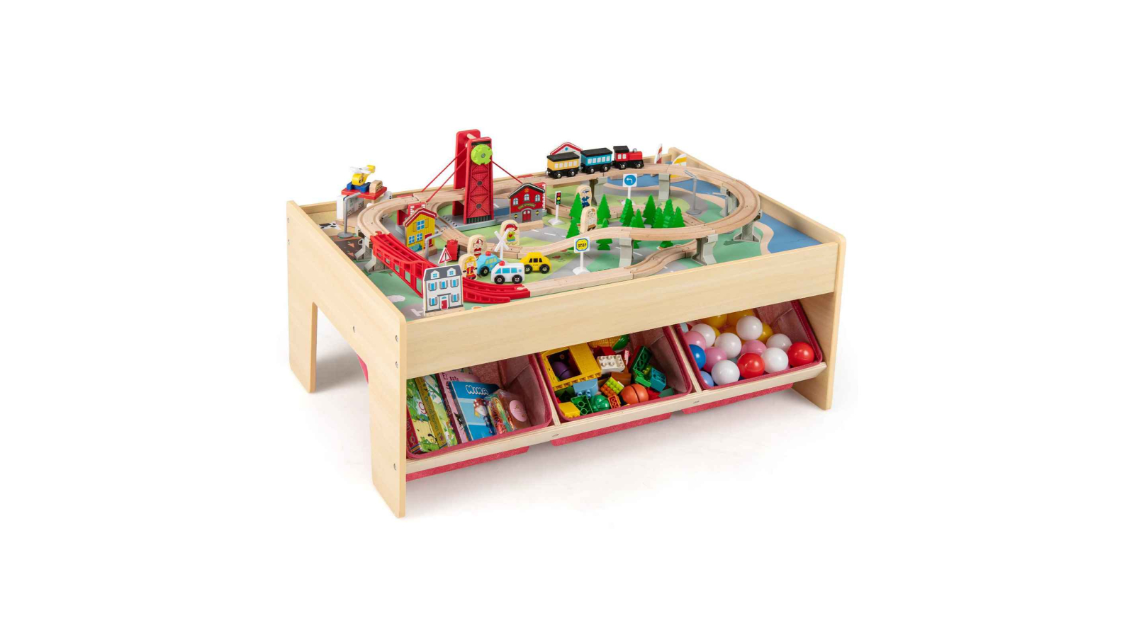Costway Activity Train Table Wood Play with 94 Piece Accessory Toy Playset