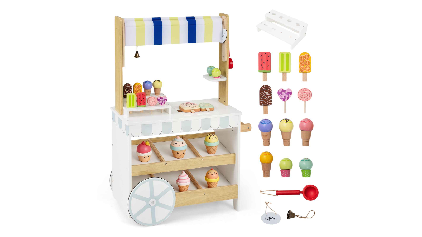 Costway Wooden Ice Cream Cart 2-in-1 Grocery Store Playset with Storage
