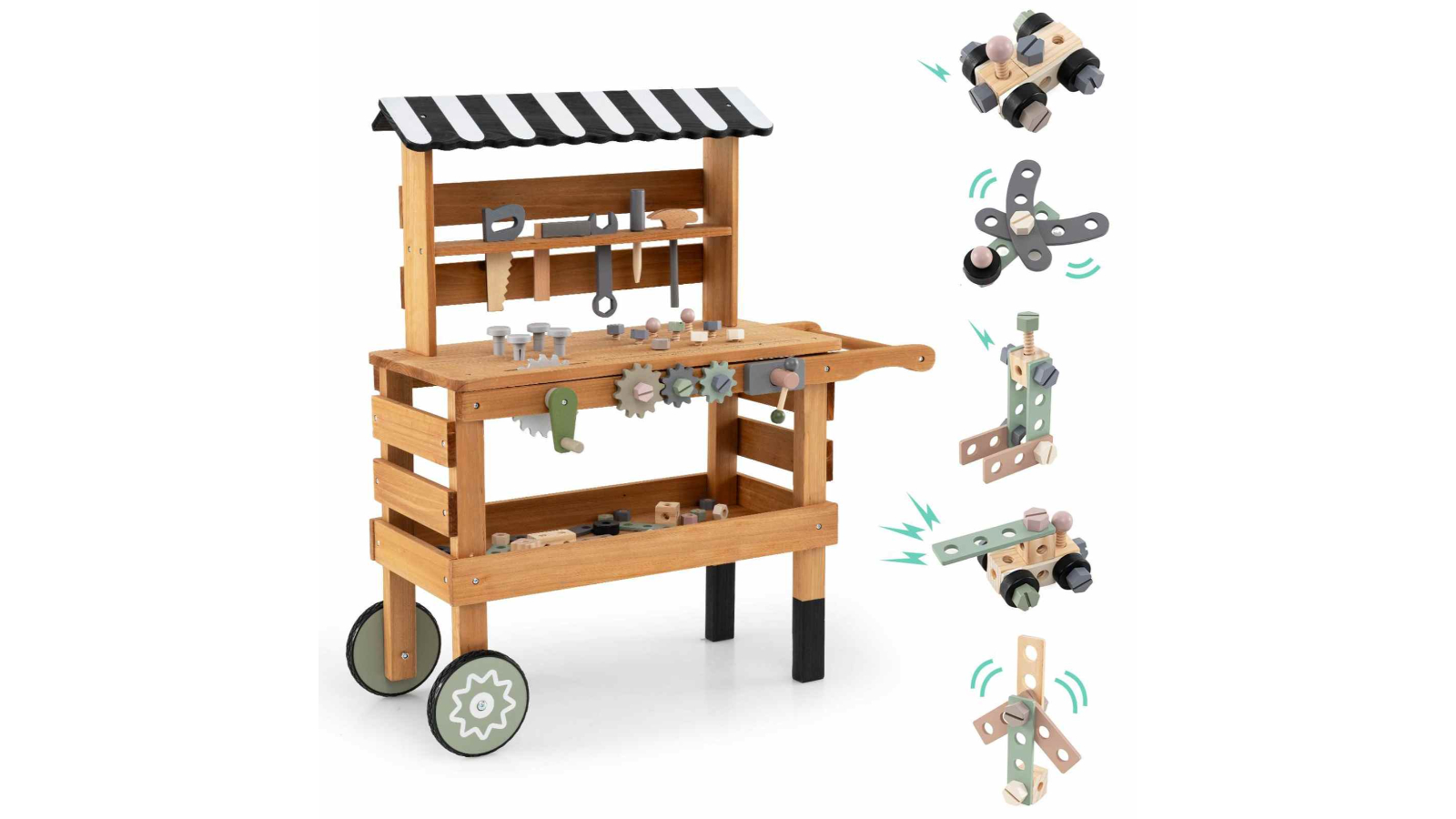 Costway 2-in-1 Wooden Bench Toy Cart with Realistic Tools and 42 Accessories
