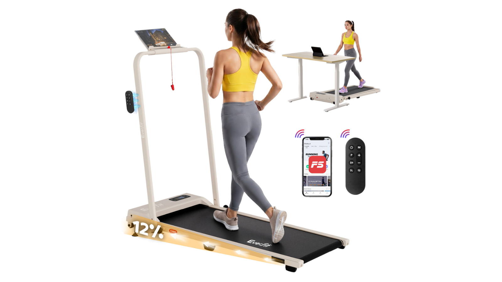 Everfit 3-in-1 Incline Under Desk Foldable Walking Pad with 38cm Wide Belt App Control