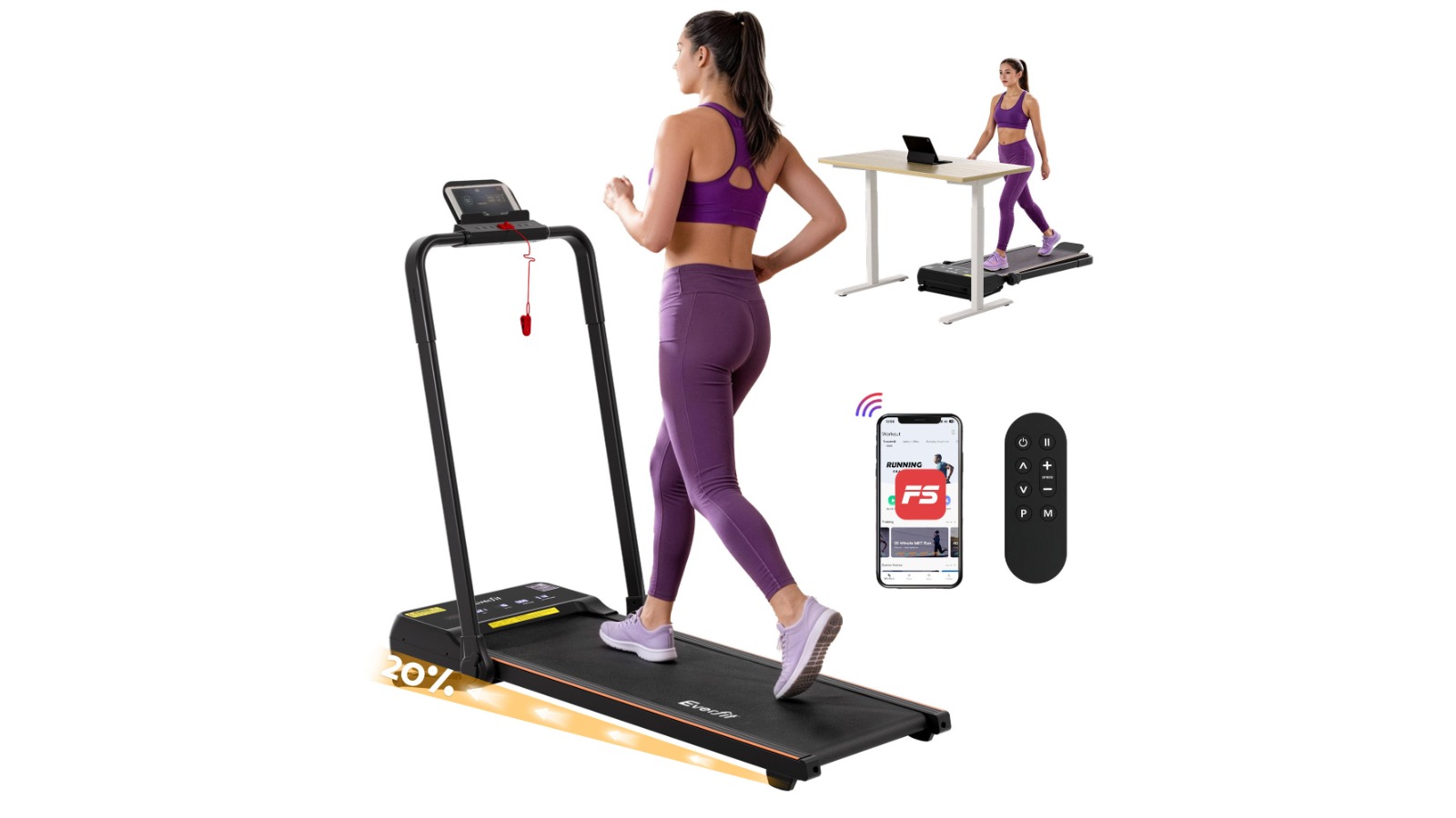 Everfit 3-in-1 Foldable 40cm Auto Incline Under Desk Walking Pad