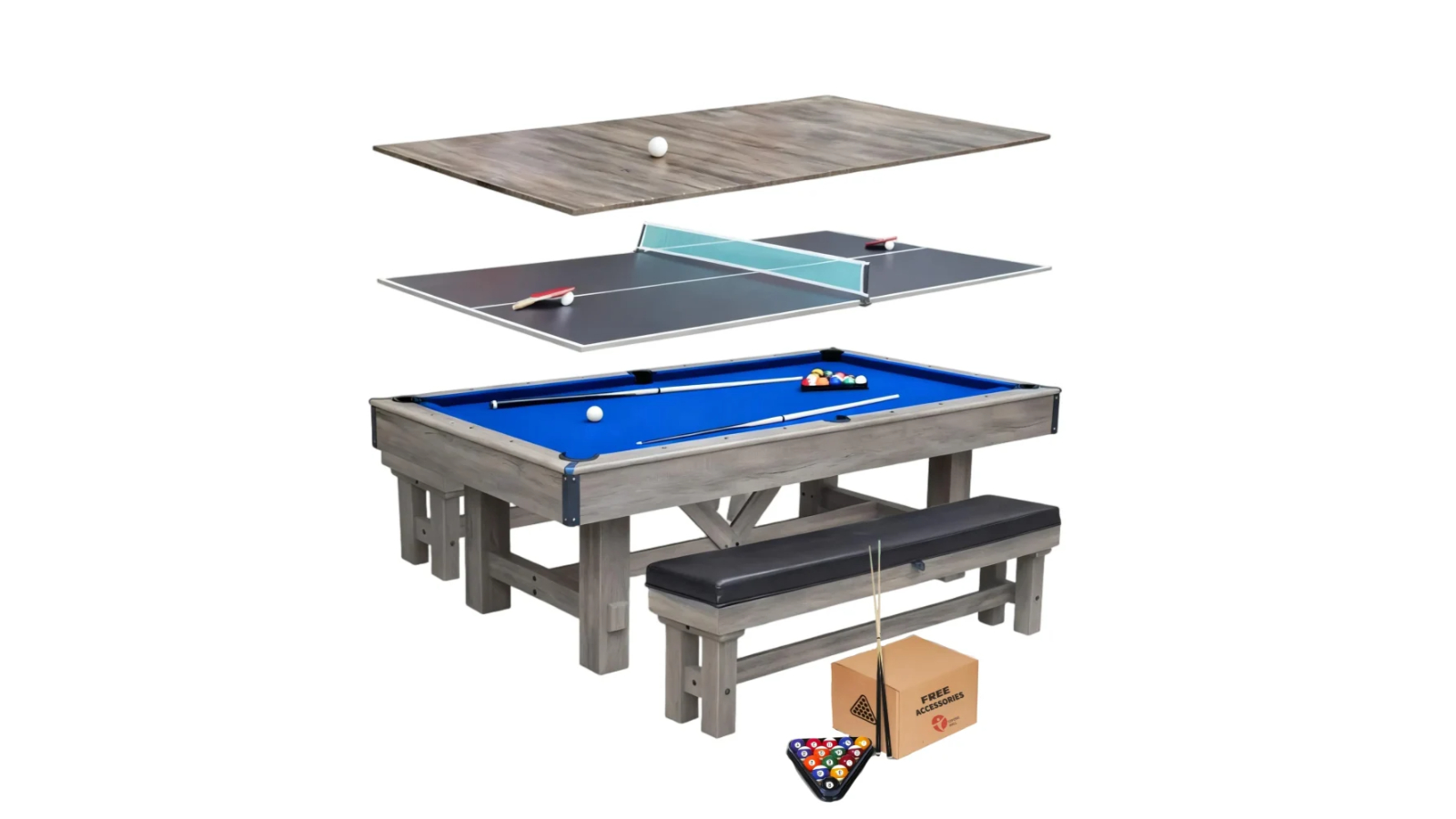 TopOne Sports 3-in-1 Heritage MDF Pool/Table Tennis/Dinning Table with 2 Piece Bench