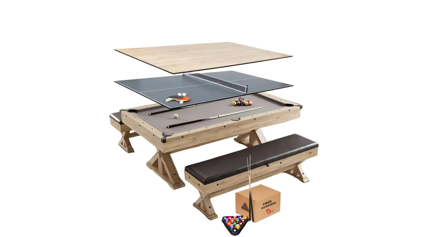 TopOne Sports Alder MDF 3-in-1 Pool Table and 2 Benches with Accessory - 7ft