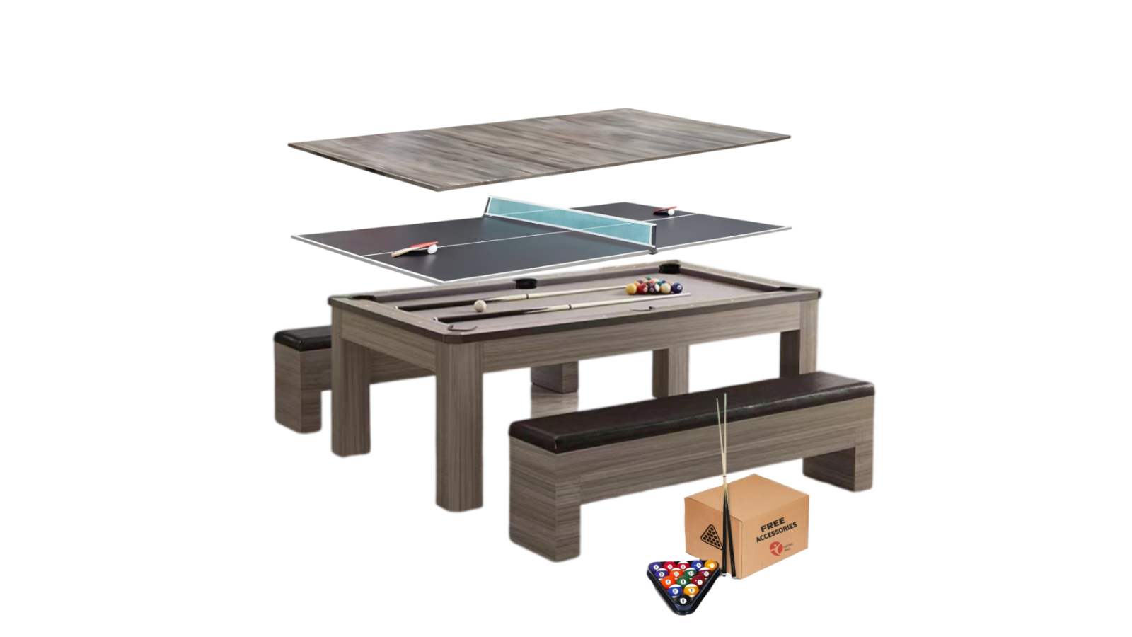 TopOne Sports Alex MDF 3-in-1 Pool/Billiard/Tennis/Dinning Table with Accessory and 2 Bench - 7ft