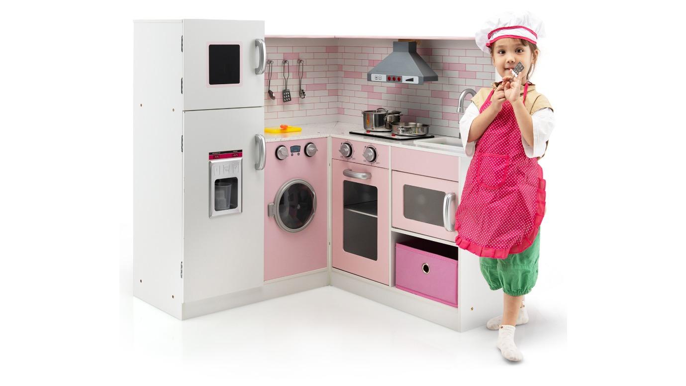 Costway Kids Kitchen Cooking Wood Toy Play Set with Pink Apron