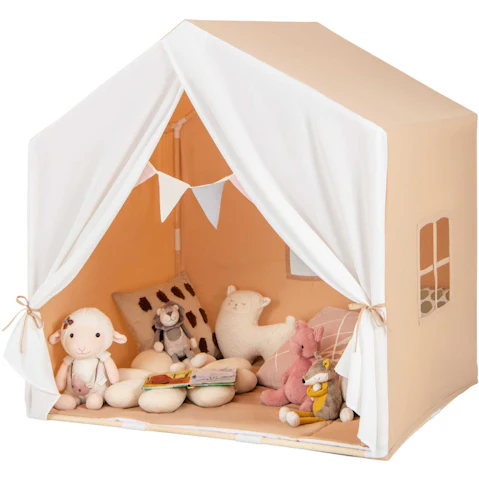 Costway Indoor Playhouse Castle Kids Play Tent with Washable Cotton Mat Curtain - Orange