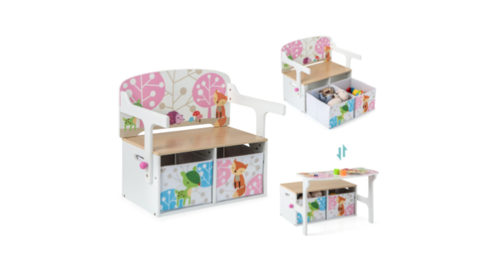 Costway 3-in-1 Convertible Table and Chair Set with Fabric Drawer - White