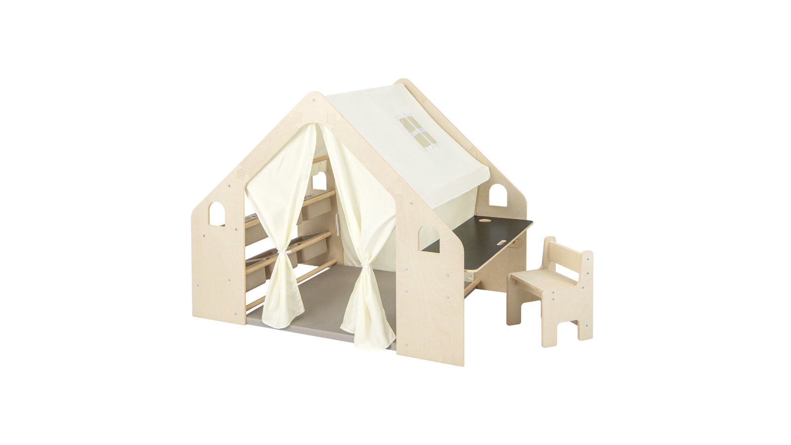 Costway 6-in-1 Wooden Playhouse Tent with Blackboard Desk Chair Storage Bins Curtain