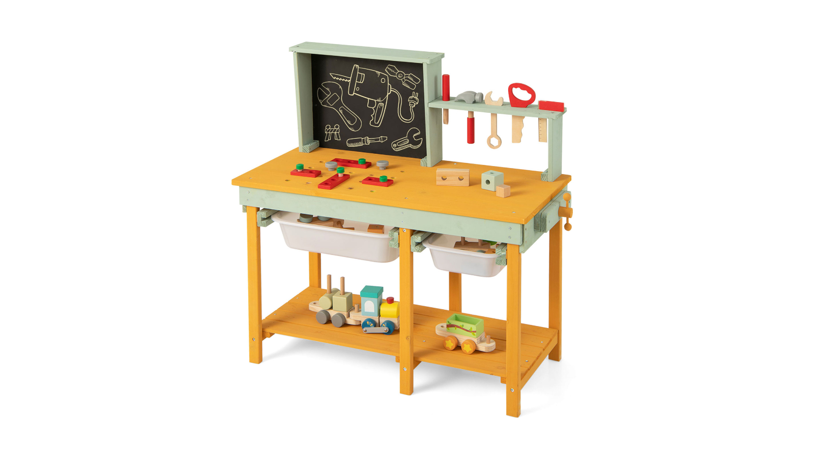 Costway Wooden Workbench Pretend Play Tool Set with Blackboard - Multi-coloured