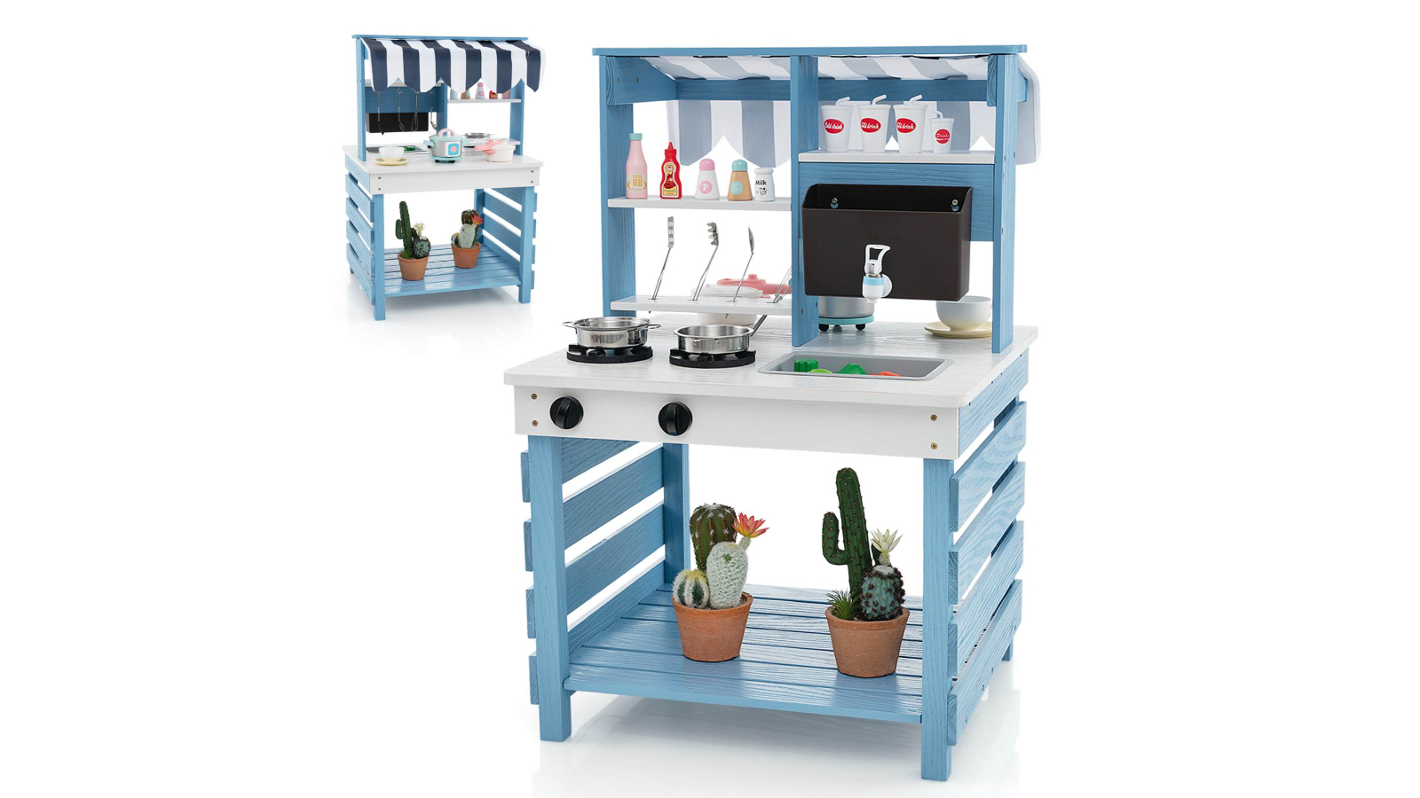 Costway 2‑in‑1 Double‑Sided Wood Mud Kitchen Playset with Canopy