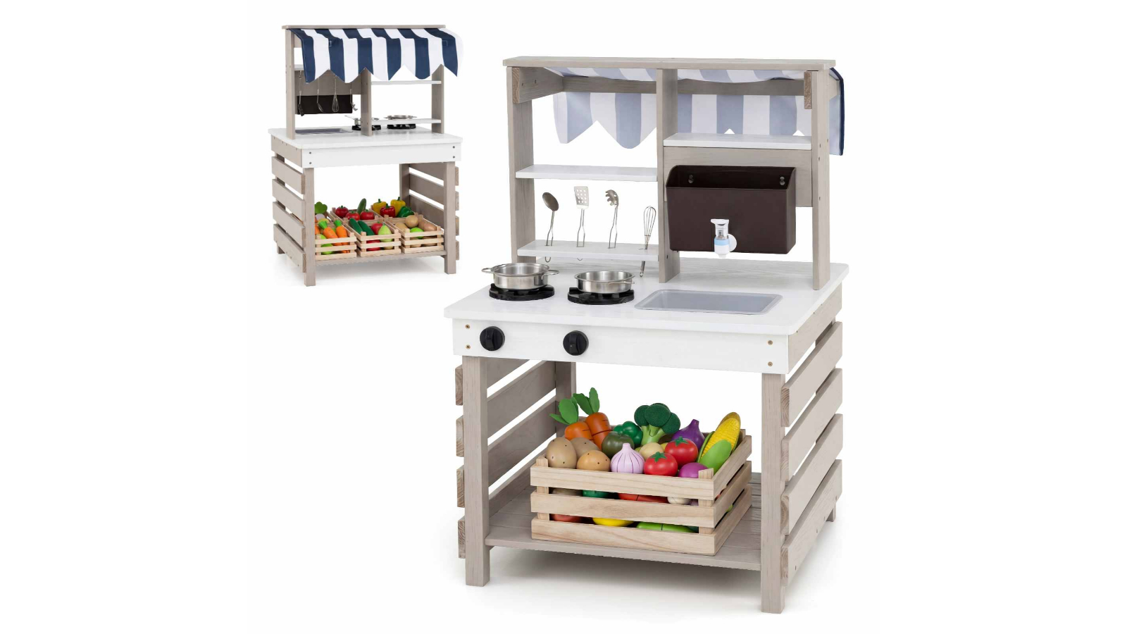 Costway 2-in-1 Wood Mud Kitchen Playset with Canopy - Grey