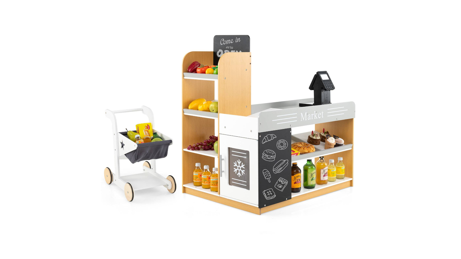 Costway Wooden Supermarket Playset Stand Toy with Cash Register