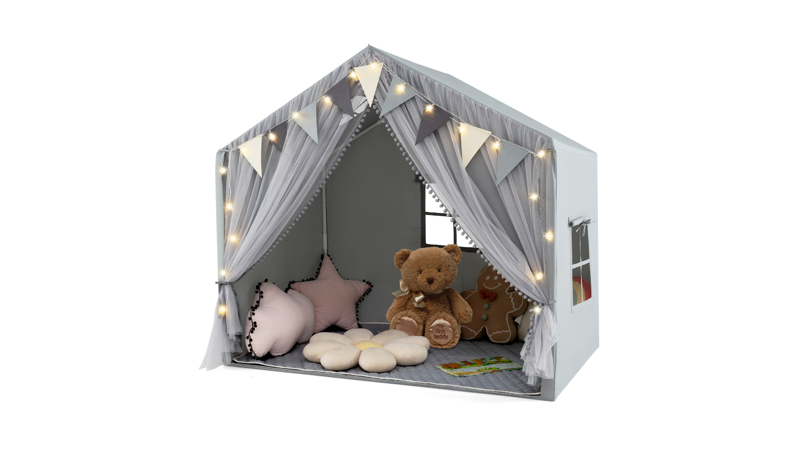 Costway Skin-Friendly Large Play Tent House with Fabric and Screen Curtains - Grey