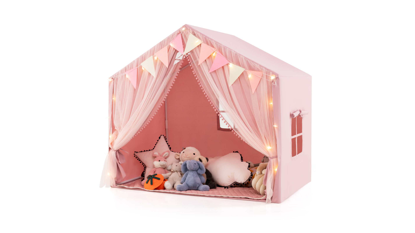 Costway Skin-Friendly Large Play Tent House with Fabric and Screen Curtains - Pink