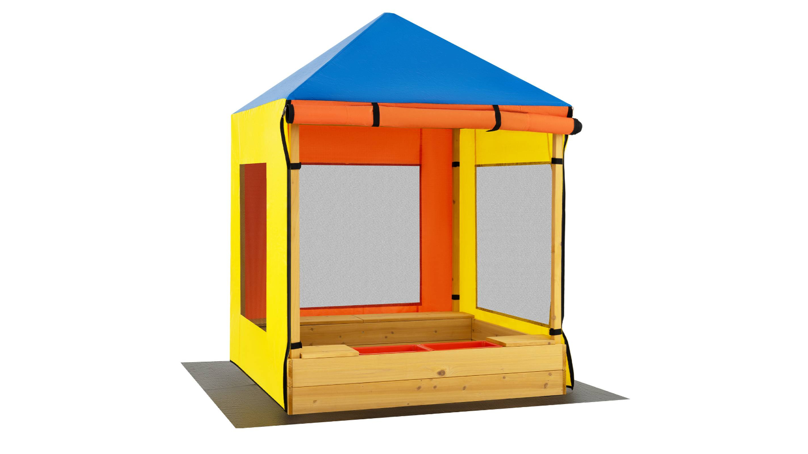 Costway Fir Wood Sandpit with Canopy Bench Seat Roll-Up Door Curtain