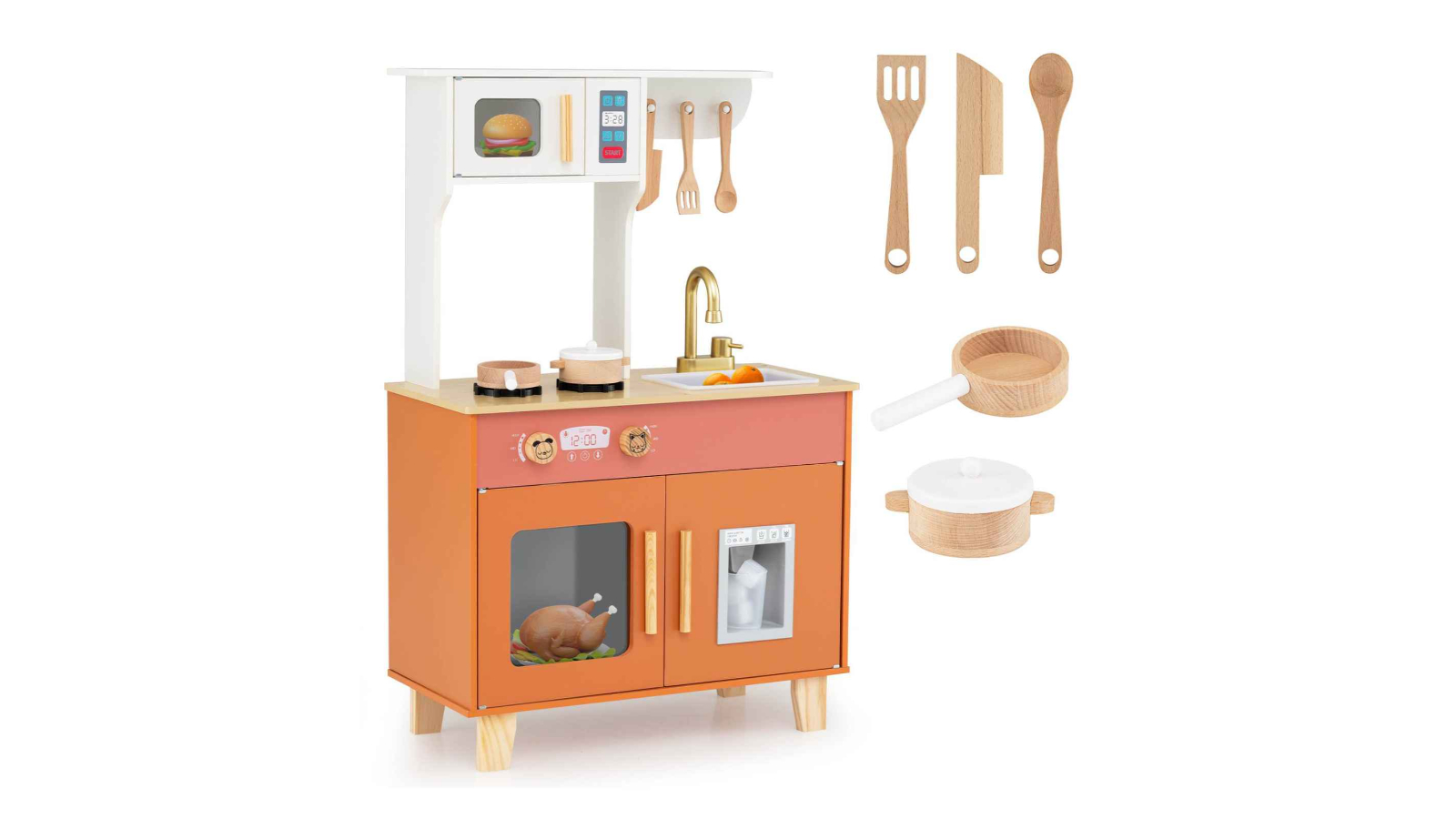 Costway Kids Wooden Kitchen Playset with Microwave and Ice Dispenser - Orange