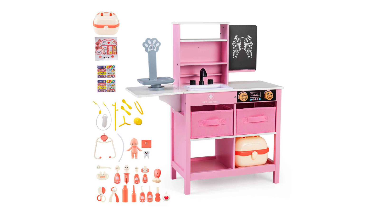 Costway Play Doctor's Office Wooden Medical Hospital Playset - Pink/White