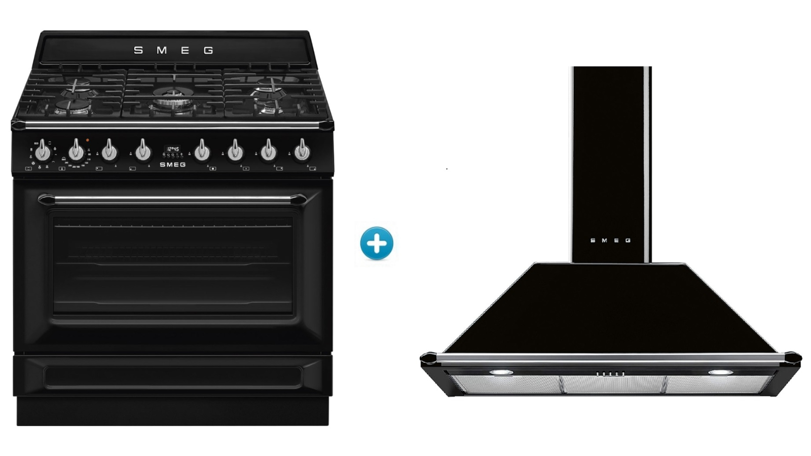 Smeg Victoria Dual Fuel Freestanding Cooker plus Aesthetic Canopy Rangehood Package