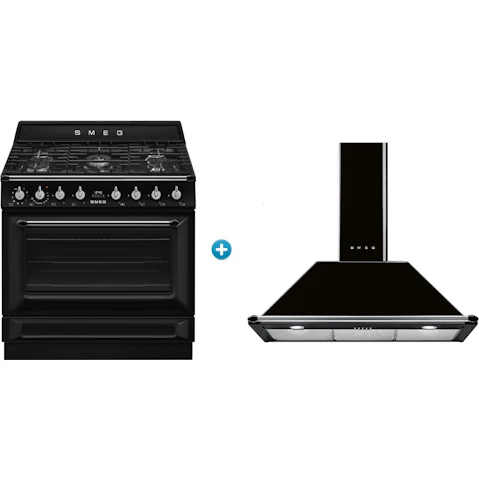 Smeg Victoria Dual Fuel Freestanding Cooker plus Aesthetic Canopy Rangehood Package
