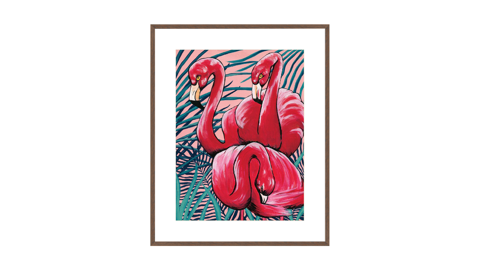La Grolla Tropical Paradise Flamingos Walnut Frame Wall Art - 64 x 54cm