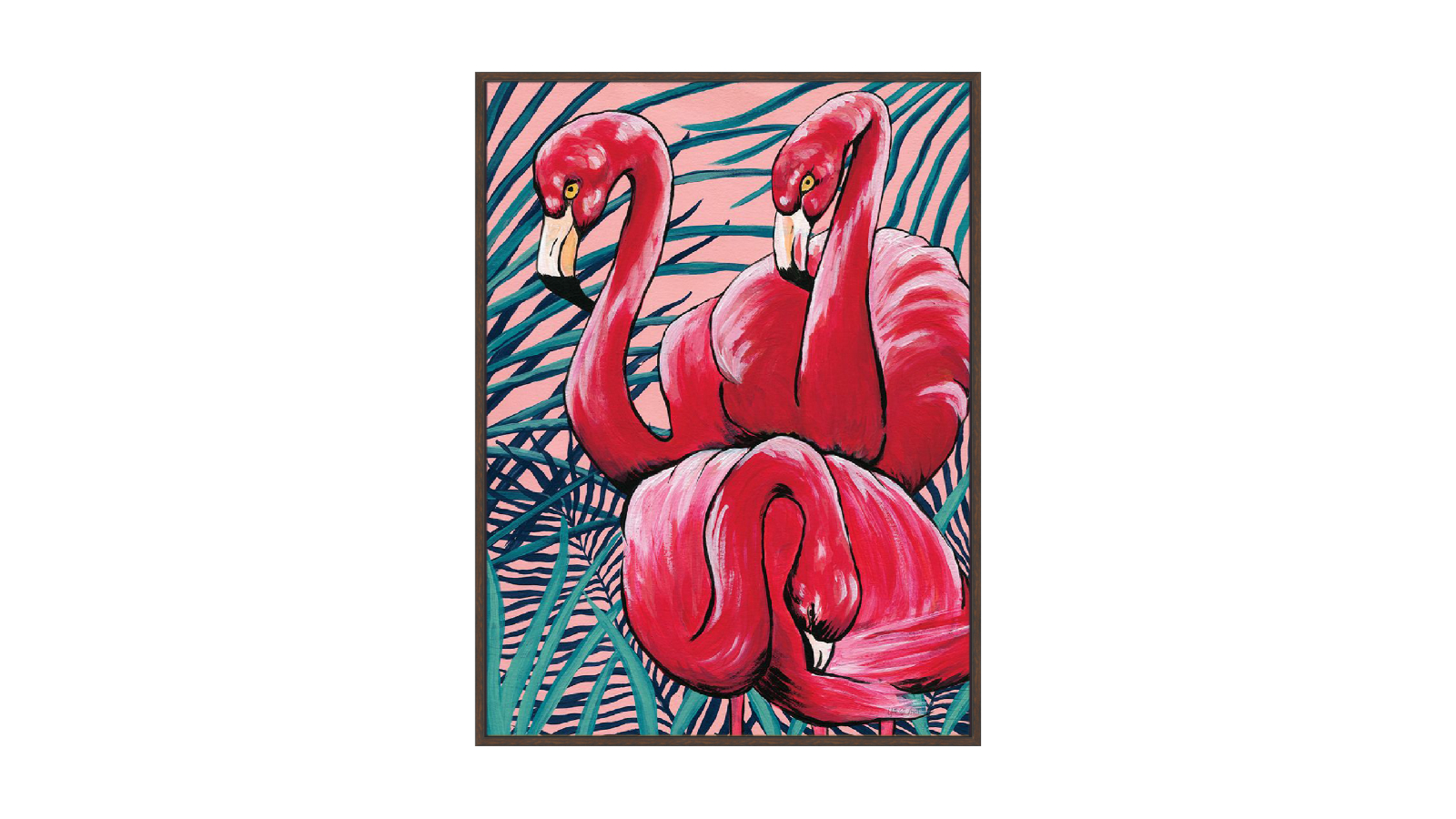 La Grolla Tropical Paradise Flamingos Walnut Gallery Wall Art - 123 x 93cm