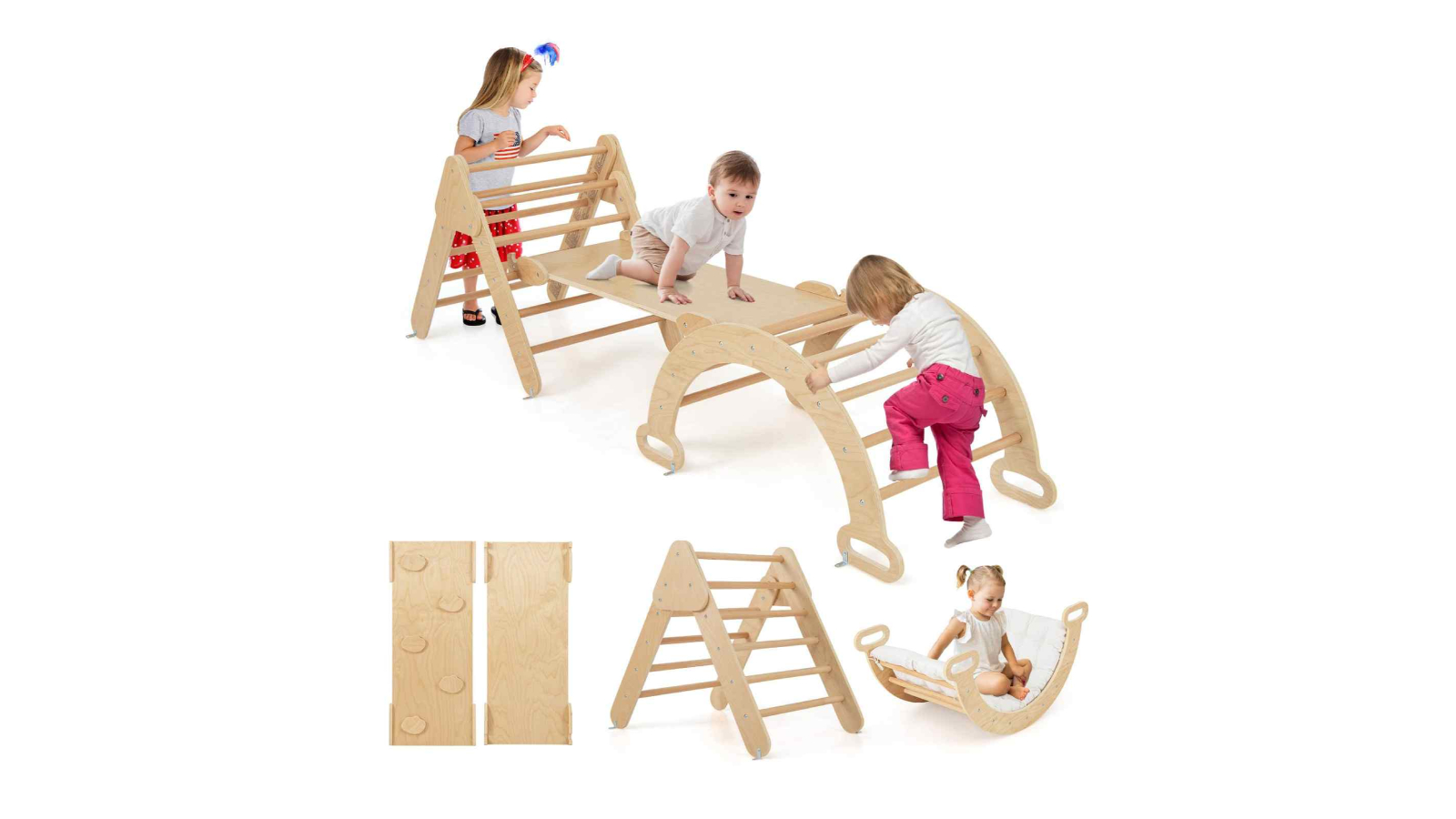 Costway 8-in-1 Wood Climbing Triangle/Arch Frame Playset - Natural