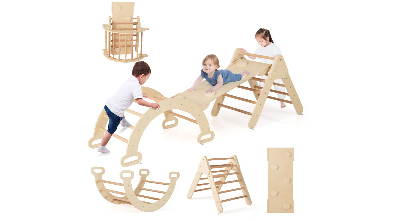 Costway Wood Frame Triangle Rocking Arch Slide Playset with Climb Board - Natural