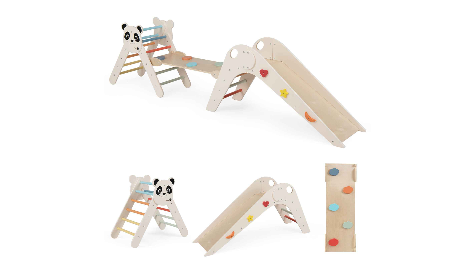 Costway Wood Panda Triangle Climb Playset with Slide