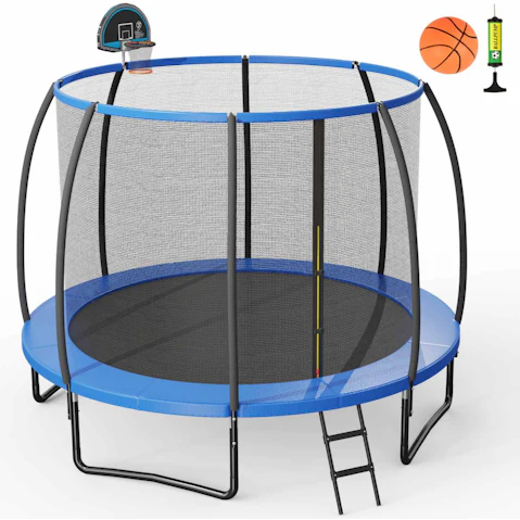 Costway 12ft Galvanized Trampoline with Basketball Hoop Enclosure Net
