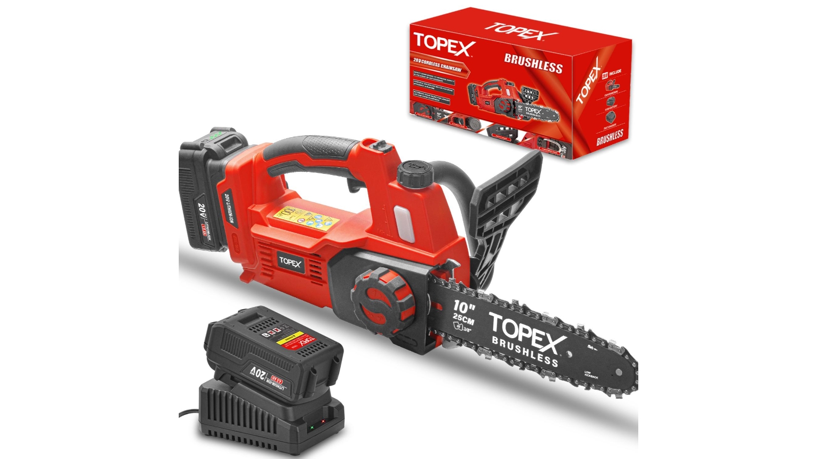 TOPEX Cordless Brushless Chainsaw Electric Saw with 20V 4.0AH Battery Fast Charger