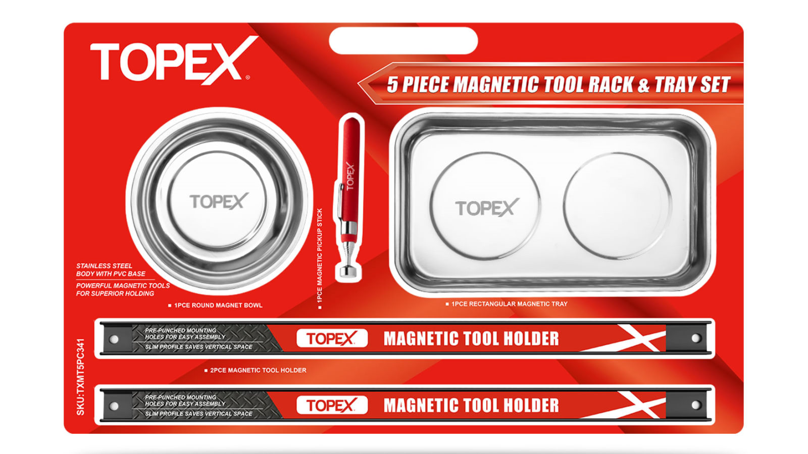 Topex 5 Piece Magnetic Parts Trays Tool Holder Strip with Pickup Set