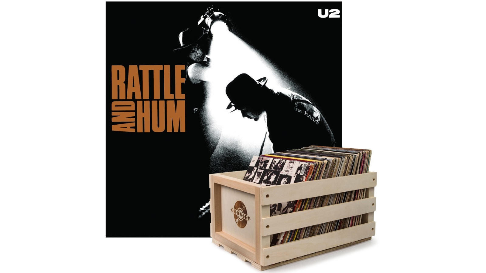 Crosley Record Storage Crate & U2 Rattle and Hum - Vinyl Album Bundle