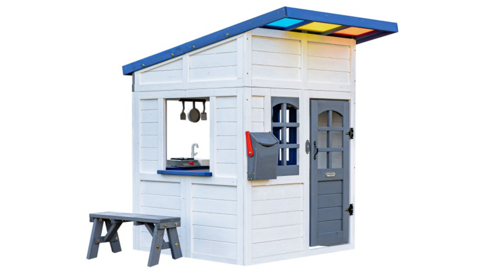 Teamson Kids Rainbow Shade Wooden Playhouse with Overhang, Flower Box and Bench - White