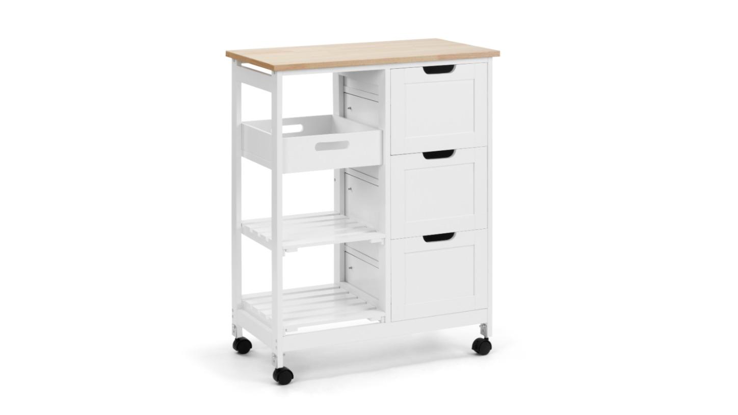 Kodu 3-Drawer 2-Shelve Woodgrain Mobile Kitchen Drinks Caddy Trolley - White